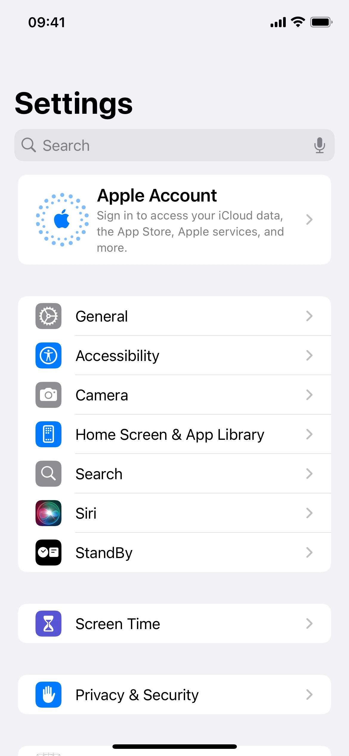 iOS 17 sur la machine de référence : Réglages : la liste des réglages