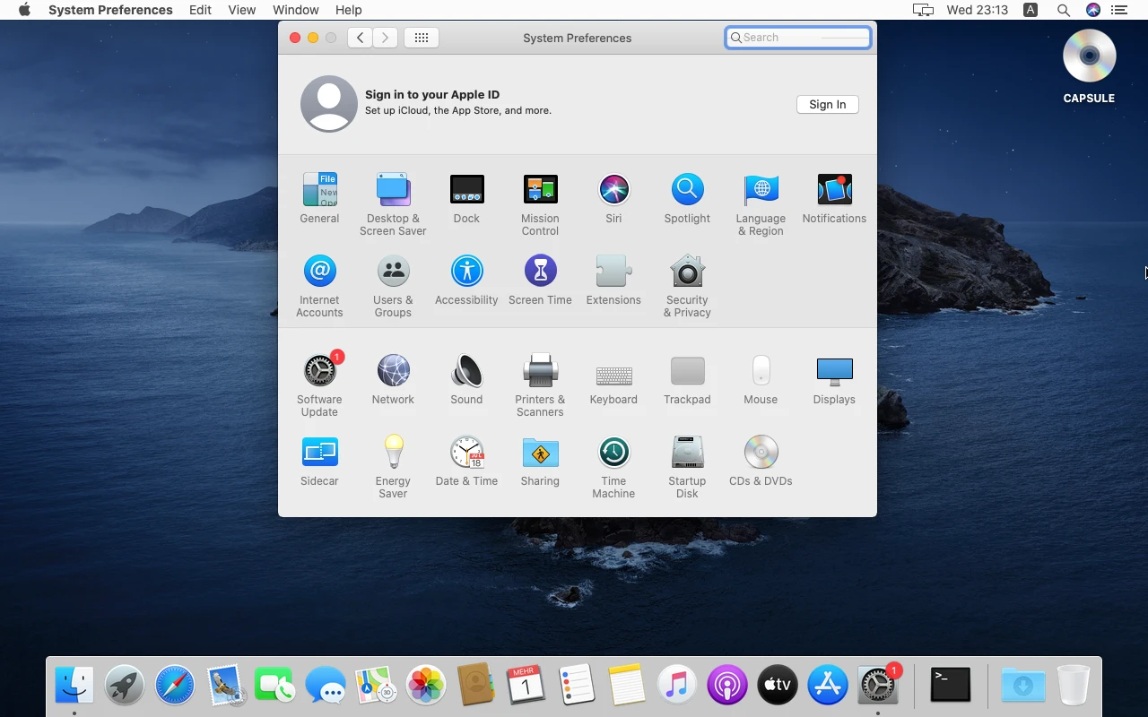 macOS Catalina sur la machine de référence : Préférences Système : la grille des panneaux de réglages