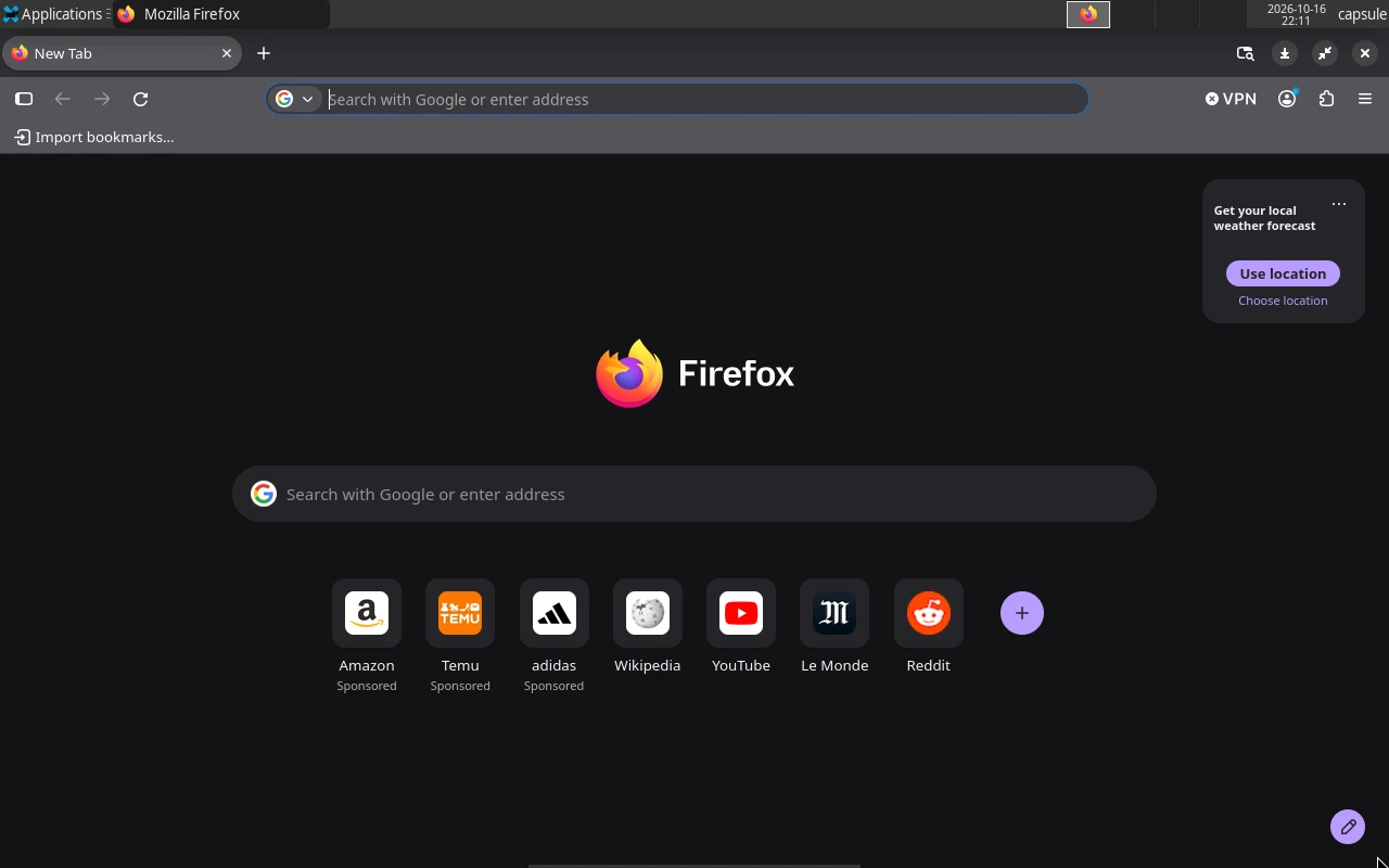 Arch Linux sur la machine de référence : Firefox : la page Nouvel onglet