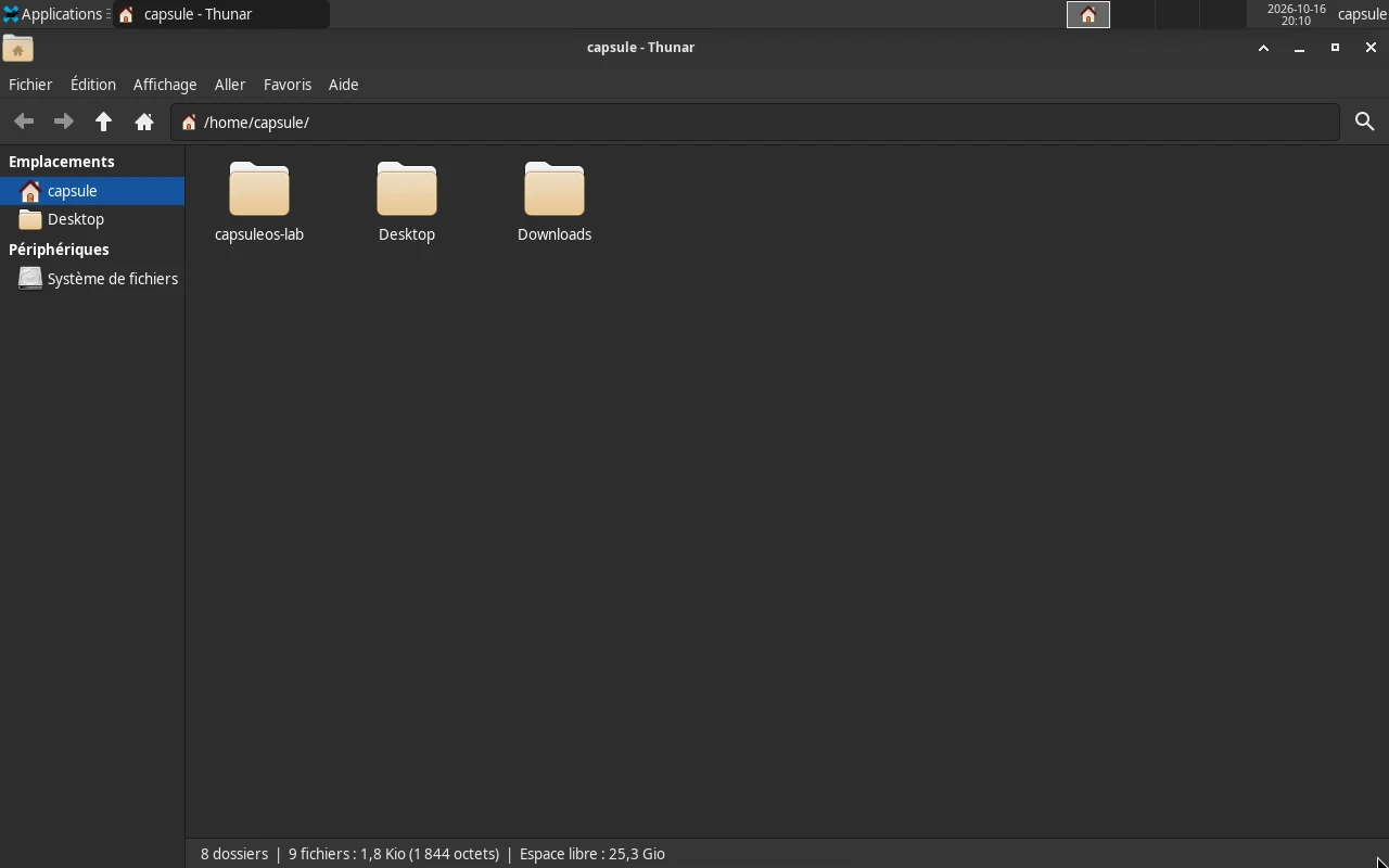 Arch Linux sur la machine de référence : Thunar, le gestionnaire de fichiers : le dossier personnel