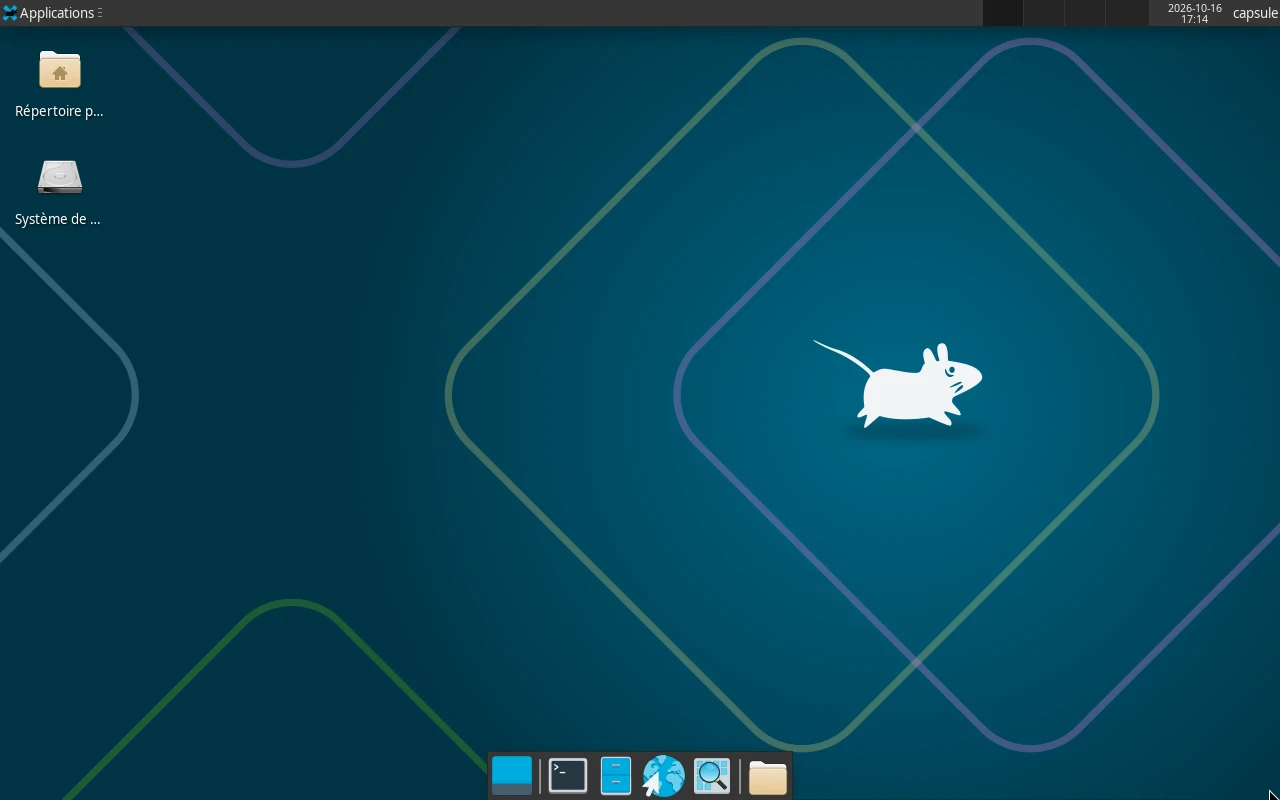 Arch Linux sur la machine de référence : Le bureau Xfce 4.20 au démarrage : panneau en haut, dock en bas, fond xfce-x