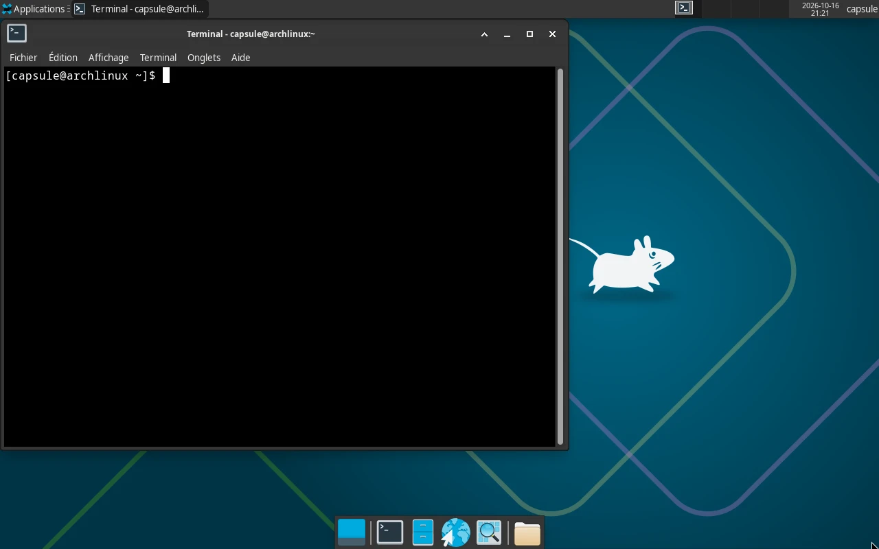 Arch Linux sur la machine de référence : Le Terminal Xfce, pour taper des commandes