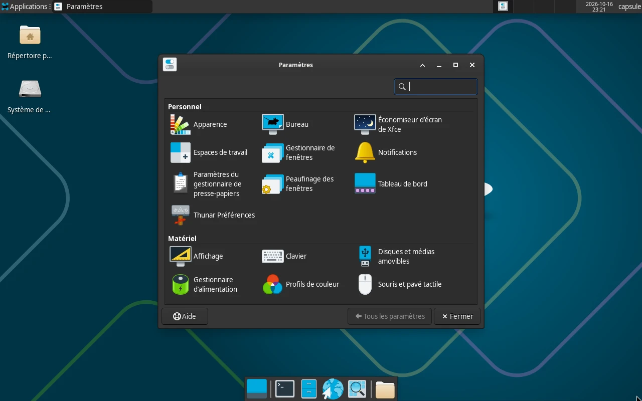 Arch Linux sur la machine de référence : Le Gestionnaire de paramètres Xfce : la page d'accueil