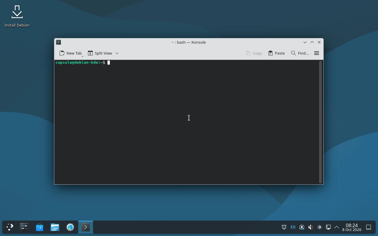 Debian KDE (Plasma) sur la machine de référence : Konsole, le terminal pour taper des commandes