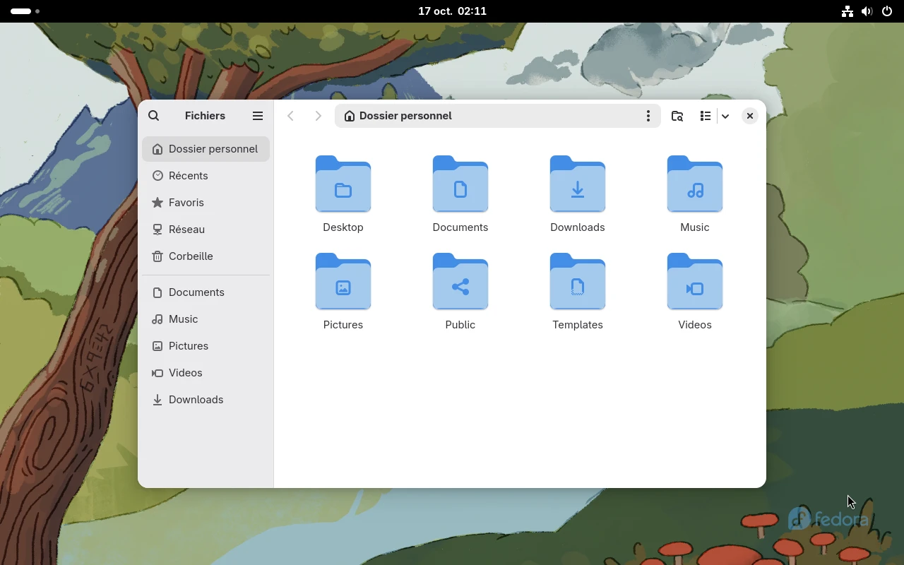 Fedora Workstation sur la machine de référence : Fichiers (Nautilus) : le dossier personnel