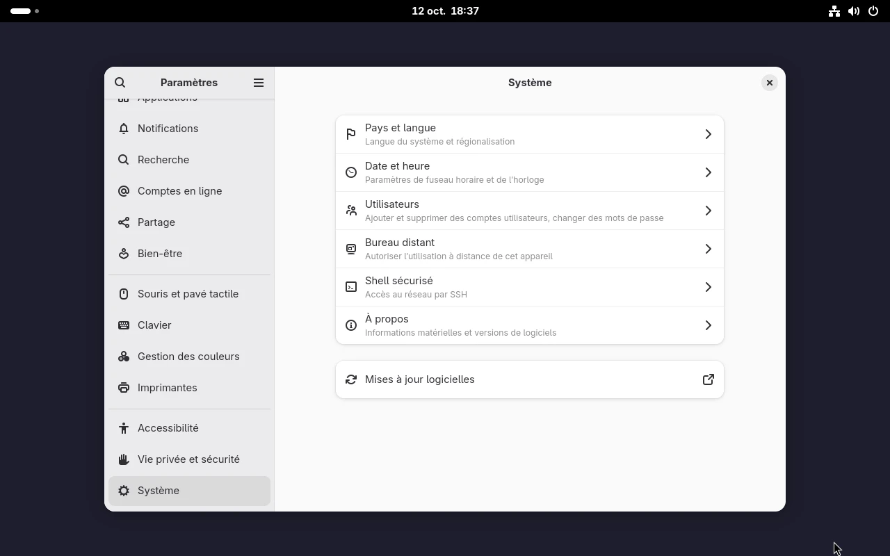 Fedora Workstation sur la machine de référence : Paramètres : la page Système