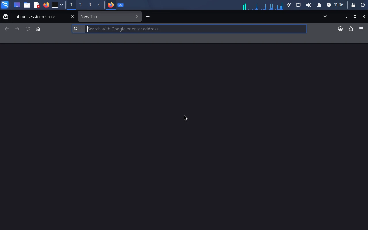 Kali Linux sur la machine de référence : Firefox ESR, le navigateur, en plein écran