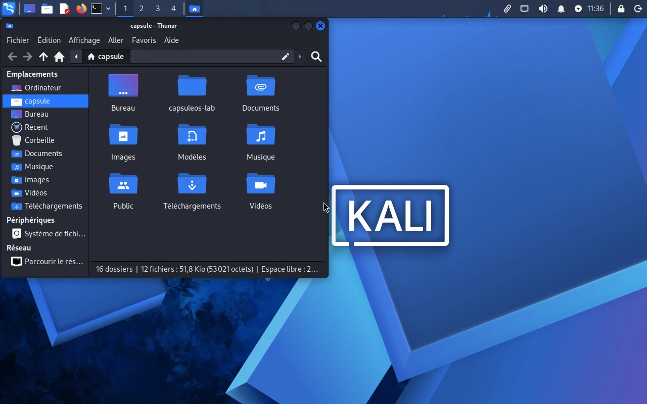 Kali Linux sur la machine de référence : Thunar, le gestionnaire de fichiers, en plein écran