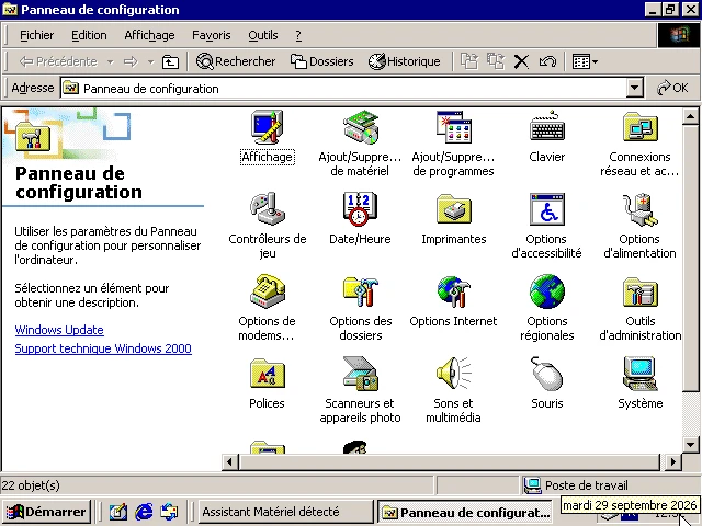 Windows 2000 sur la machine de référence : Le Panneau de configuration : la grille d'applets