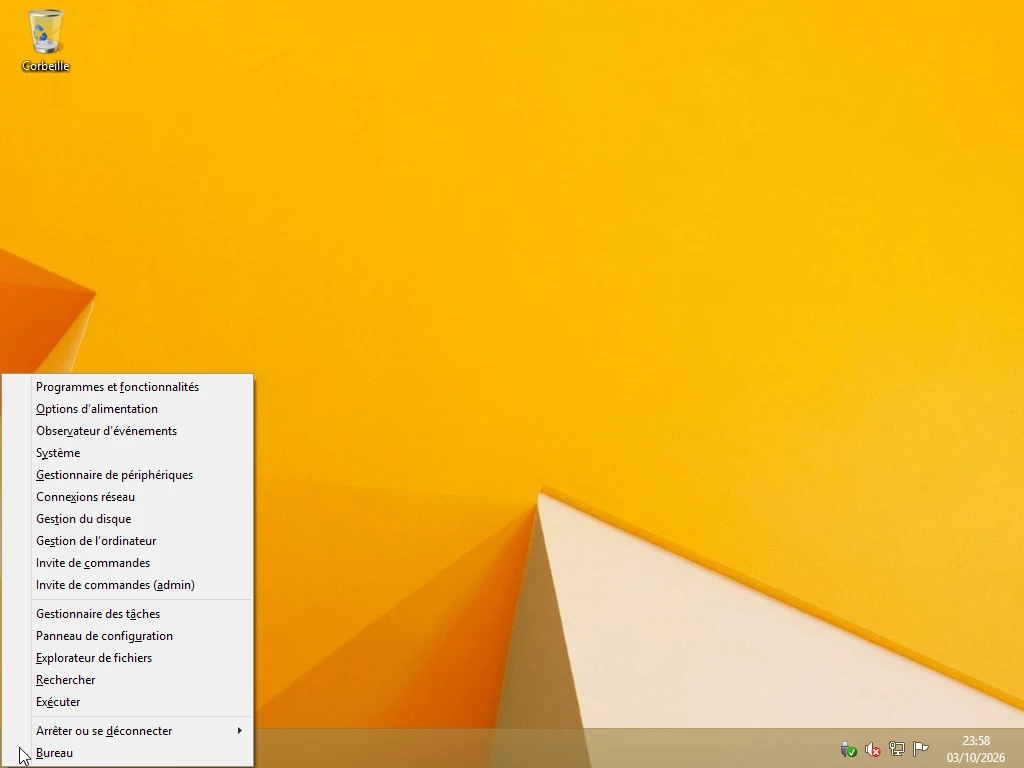 Windows 8.1 sur la machine de référence : Le menu du clic droit sur le bouton Démarrer