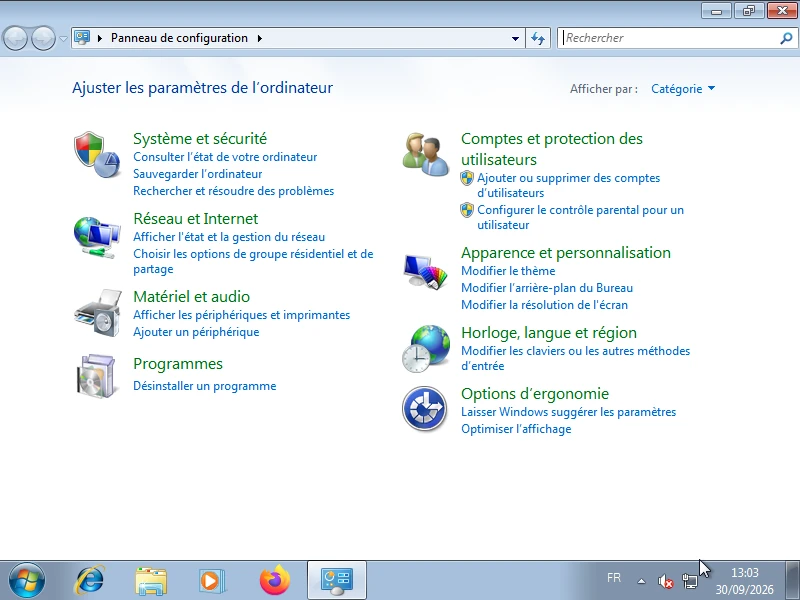 Windows 7 sur la machine de référence : Le Panneau de configuration, vue par catégories