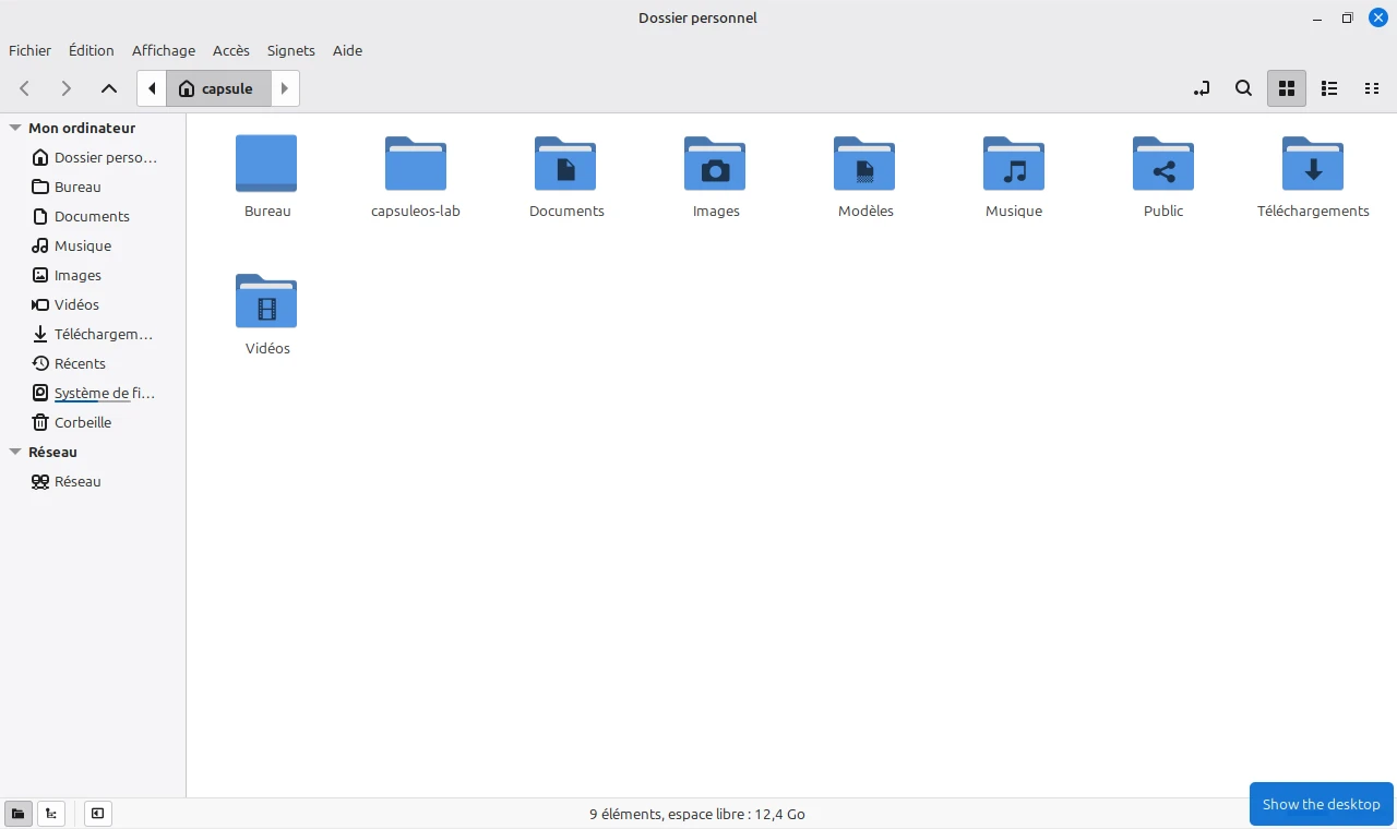 Linux Mint (Cinnamon) sur la machine de référence : Fichiers (Nemo) : le dossier personnel