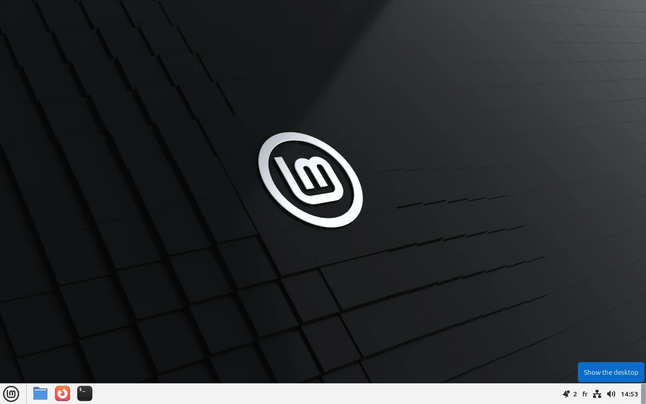 Linux Mint (Cinnamon) sur la machine de référence : Le bureau au démarrage : fond sombre au logo Mint, barre en bas, menu à gauche