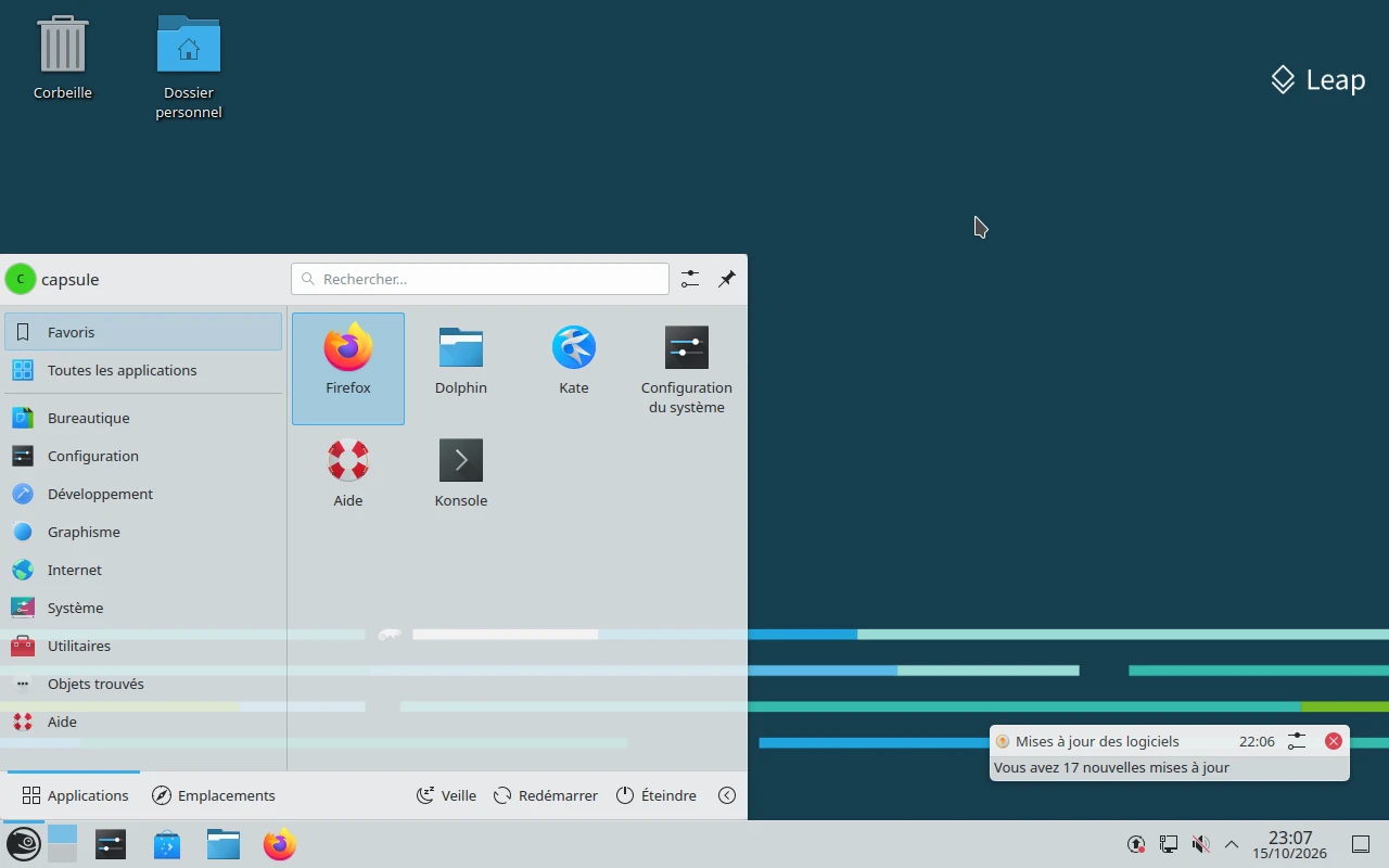 openSUSE Leap sur la machine de référence : Le menu Kickoff : les favoris à l'ouverture