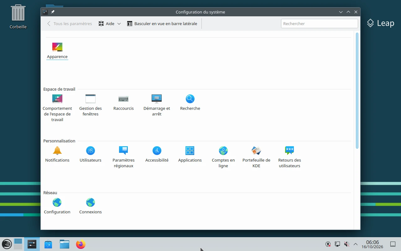 openSUSE Leap sur la machine de référence : Configuration du système : la page d'accueil en icônes