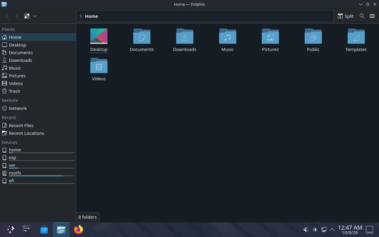 SteamOS / Steam Deck UI sur la machine de référence : Dolphin, le gestionnaire de fichiers, en mode bureau