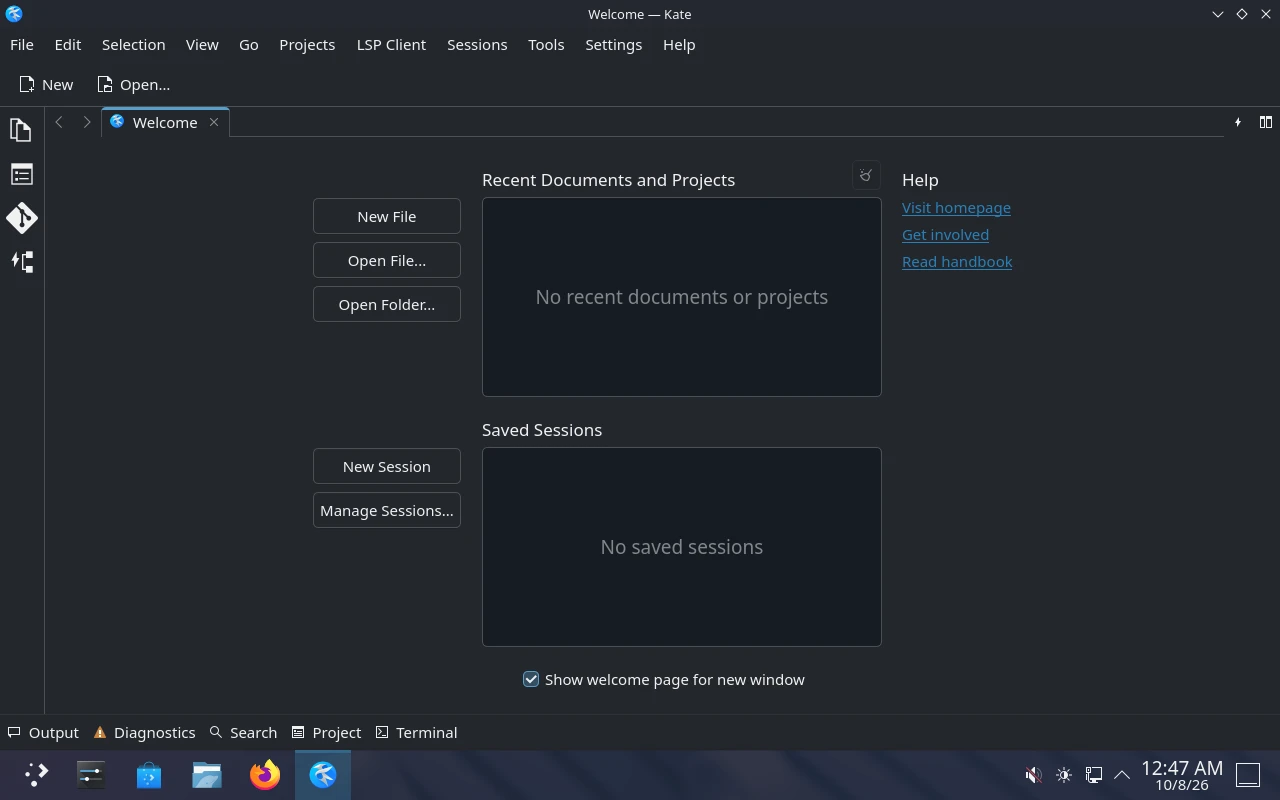 SteamOS / Steam Deck UI sur la machine de référence : Kate, l'éditeur de texte