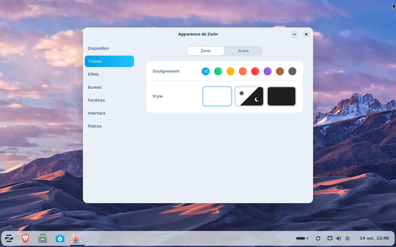 Zorin OS sur la machine de référence : Apparence de Zorin : choisir le thème et la couleur